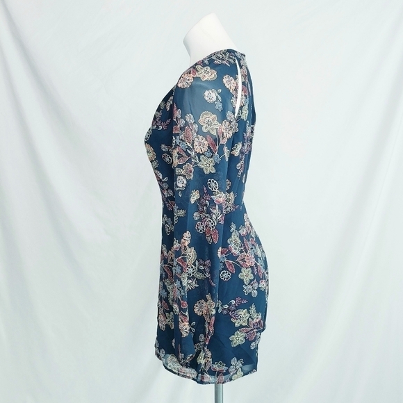 Line + Dot Floral Romper w/Sheer Long Sleeves Blue Multi - Picture 6 of 12